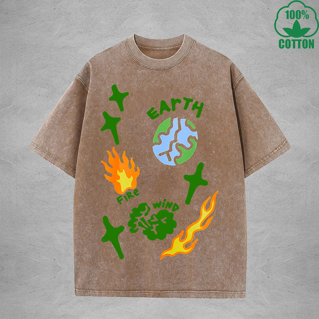 Natural Elements Interest Printed Washed T-Shirt 230G Multicolor Loose Trendy Fashionable Cotton Short Sleeve Top
