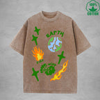 Natural Elements Interest Printed Washed T-Shirt 230G Multicolor Loose Trendy Fashionable Cotton Short Sleeve Top