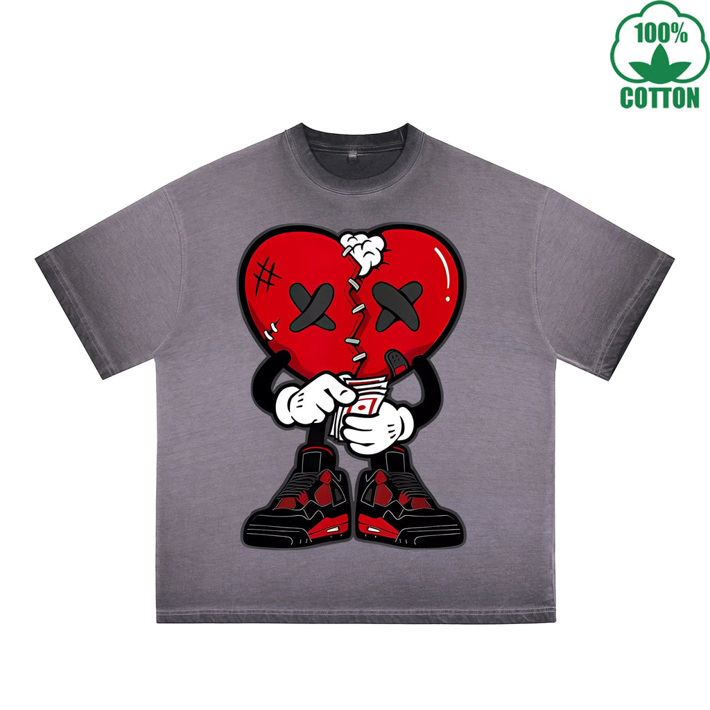 Injured Heart Printed Dirty WashT-Shirt 230G Multicolor Loose Trendy Fashionable 100%Cotton Short Sleeve Top