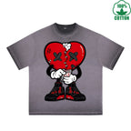 Injured Heart Printed Dirty WashT-Shirt 230G Multicolor Loose Trendy Fashionable 100%Cotton Short Sleeve Top