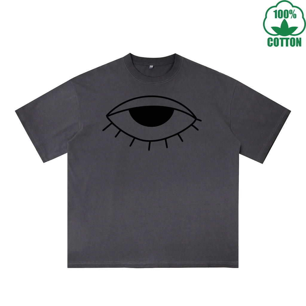 The Mysterious Eye Printed Dirty WashT-Shirt 230G Multicolor Loose Trendy Fashionable 100%Cotton Short Sleeve Top
