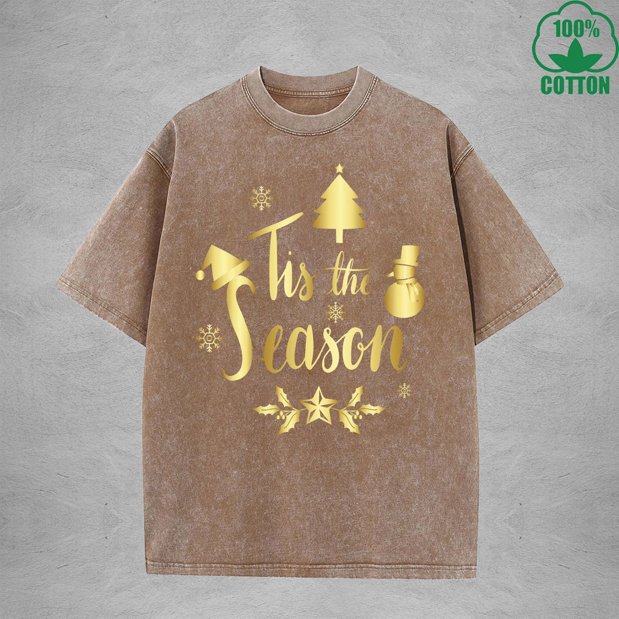 Merry Christmas Interest Printed Washed T-Shirt 230G Multicolor Loose Trendy Fashionable 100%Cotton Short Sleeve Top