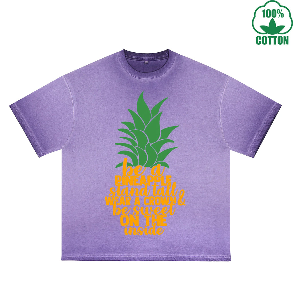 Pineapple Printed Dirty WashT-Shirt 230G Multicolor Loose Trendy Short Sleeves Fashionable 100%Cotton Top