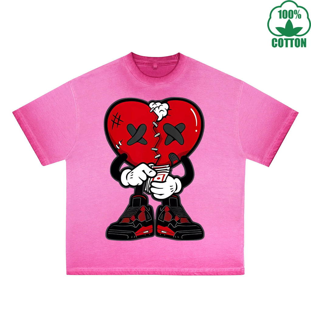 Injured Heart Printed Dirty WashT-Shirt 230G Multicolor Loose Trendy Fashionable 100%Cotton Short Sleeve Top