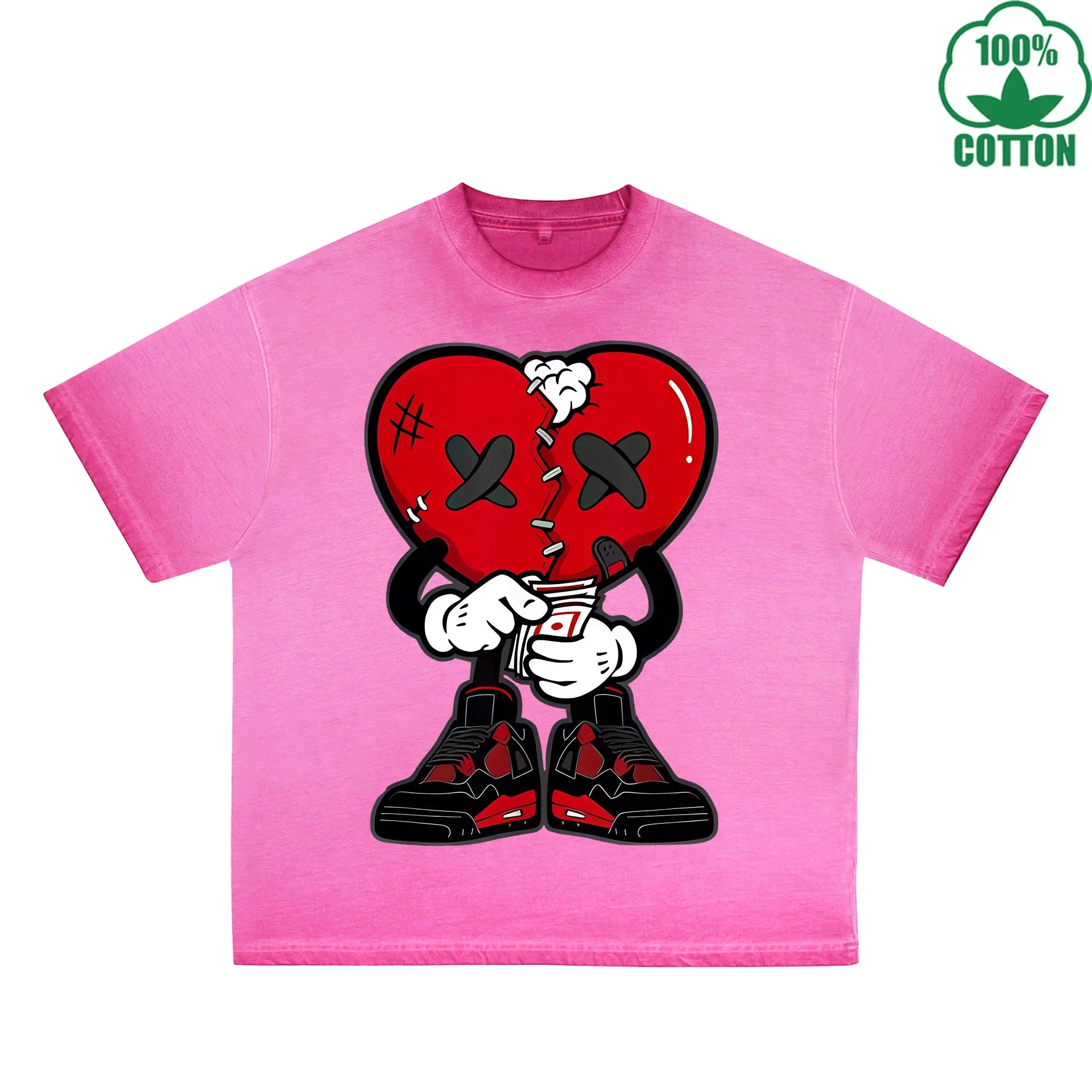 Injured Heart Printed Dirty WashT-Shirt 230G Multicolor Loose Trendy Fashionable 100%Cotton Short Sleeve Top