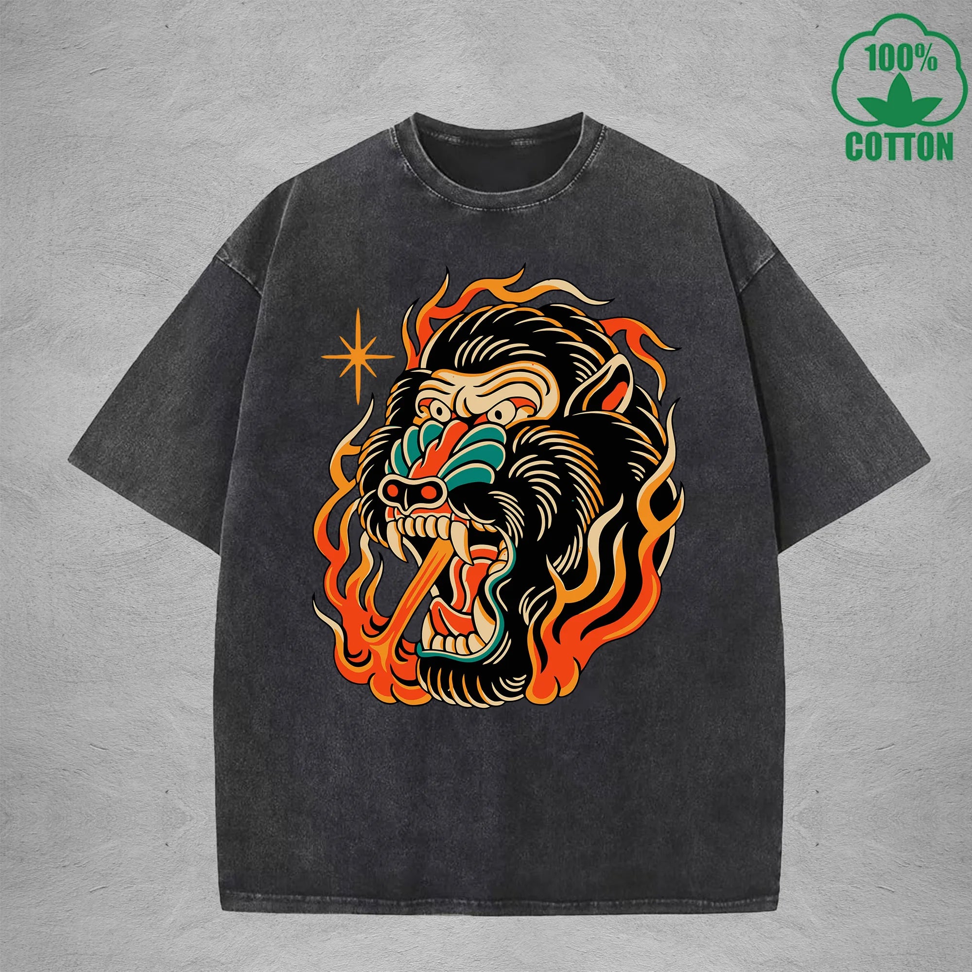 Flame Throwing GorillaInterest Printed Washed T-Shirt 230G Multicolor Loose Trendy Fashionable 100%Cotton Short Sleeve Top