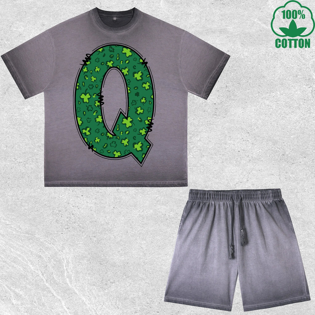 Luck Letter Q Printed Dirty Wash T-Shirt Shorts Set Multicolor Combo Loose Trendy Fashionable 100%Cotton Short Value Pack