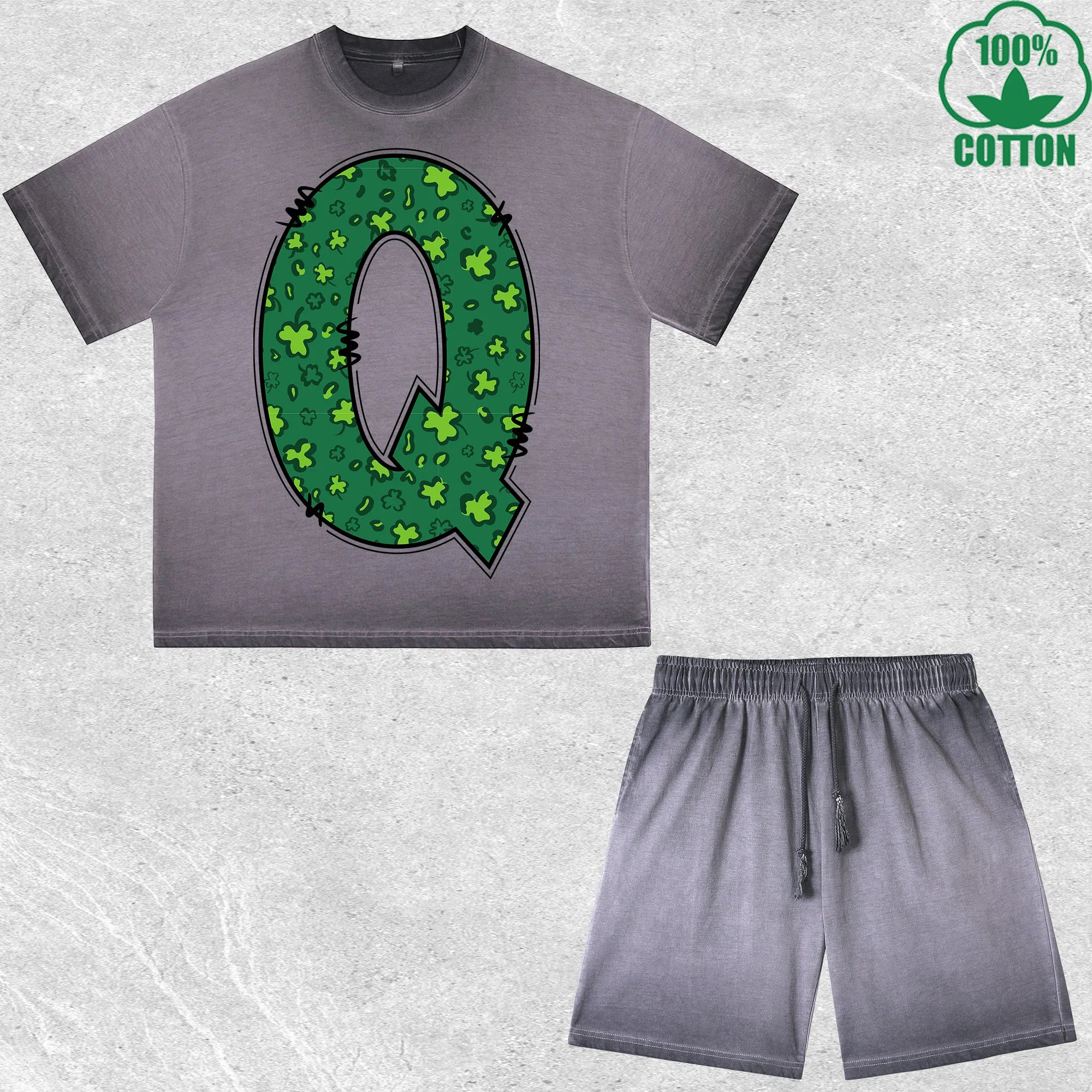 Luck Letter Q Printed Dirty Wash T-Shirt Shorts Set Multicolor Combo Loose Trendy Fashionable 100%Cotton Short Value Pack