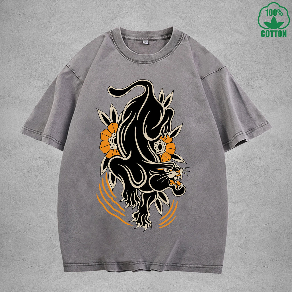 Black PantherInterest Printed Washed T-Shirt 230G Multicolor Loose Trendy Fashionable 100%Cotton Short Sleeve Top