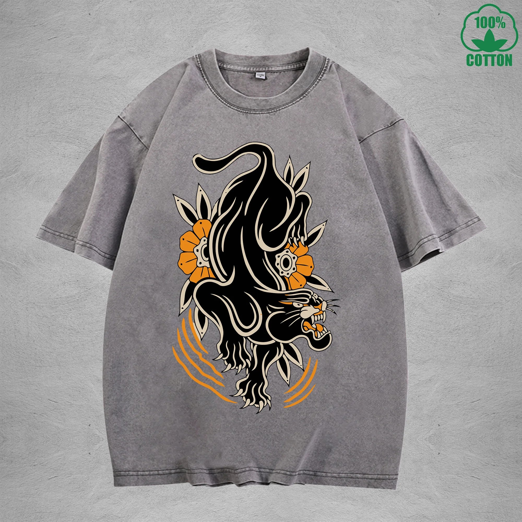 Black PantherInterest Printed Washed T-Shirt 230G Multicolor Loose Trendy Fashionable 100%Cotton Short Sleeve Top