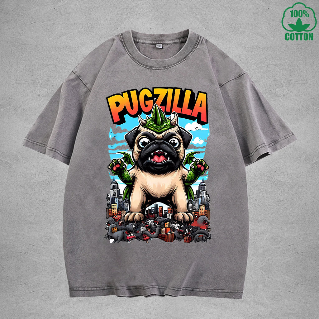 PugzillaInterest Printed Washed T-Shirt 230G Loose Trendy Fashionable 100%Cotton Short Sleeve Top