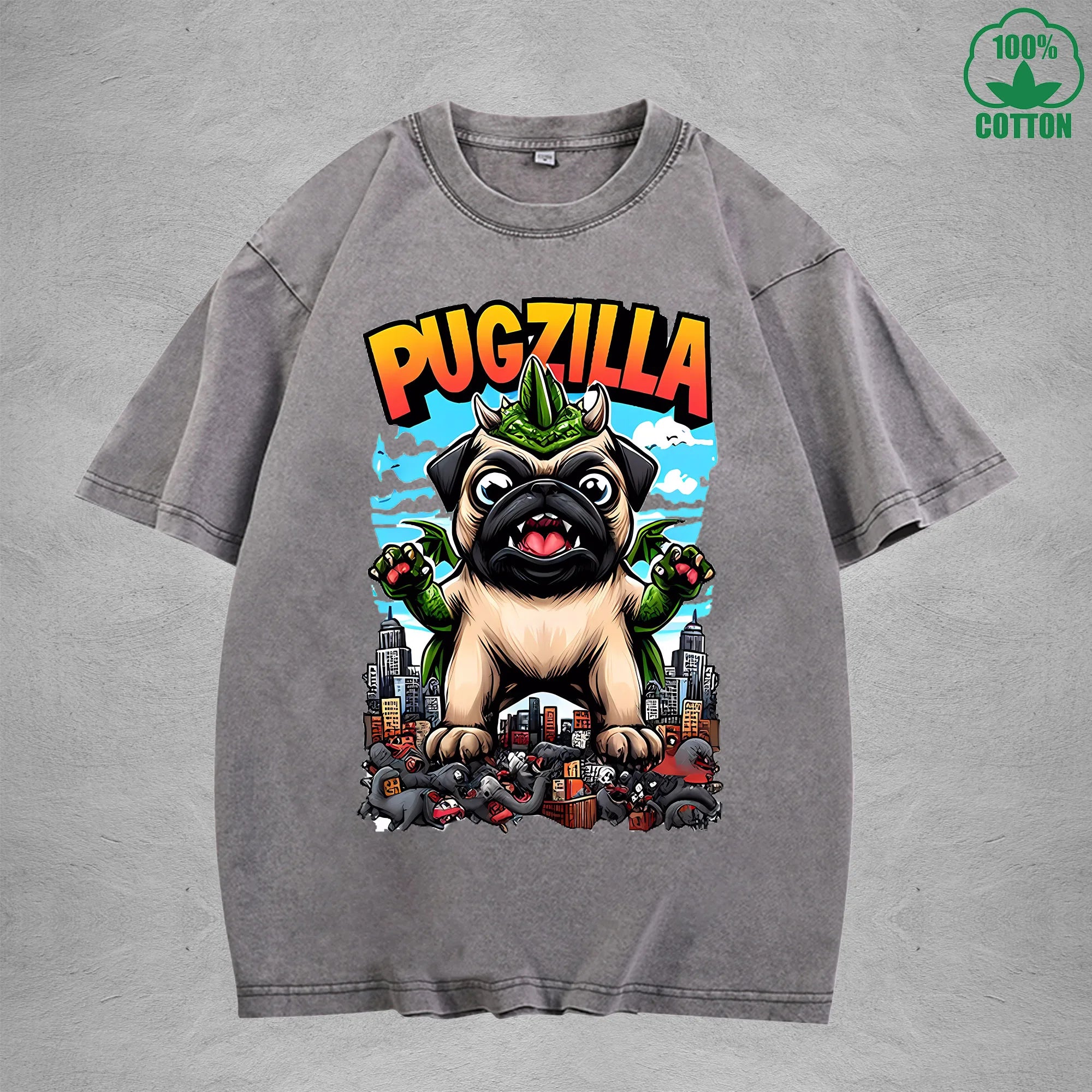 PugzillaInterest Printed Washed T-Shirt 230G Loose Trendy Fashionable 100%Cotton Short Sleeve Top