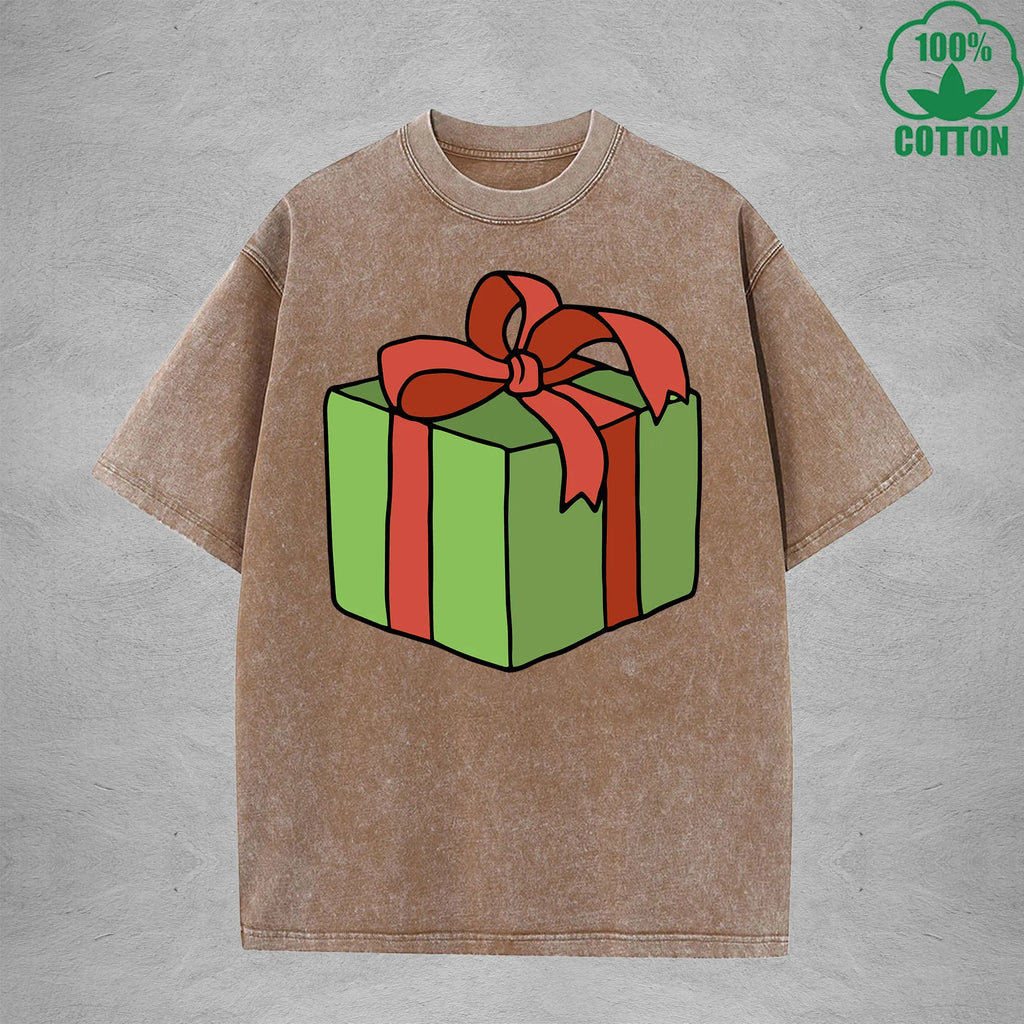 Christmas Present Interest Printed Washed T-Shirt 230G Multicolor Loose Trendy Fashionable 100%Cotton Short Sleeve Top