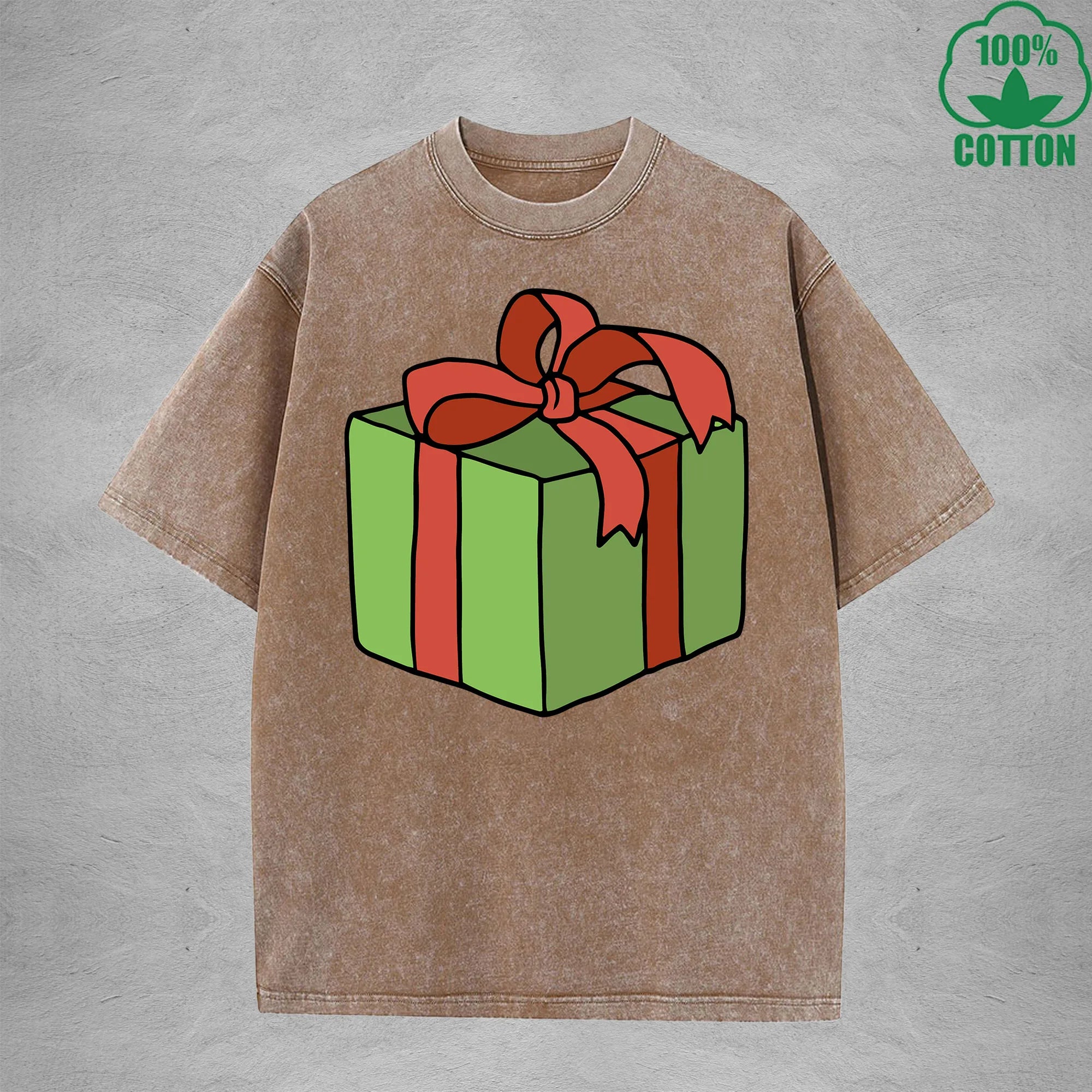 Christmas Present Interest Printed Washed T-Shirt 230G Multicolor Loose Trendy Fashionable 100%Cotton Short Sleeve Top