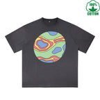 Mysterious Planet Printed Dirty WashT-Shirt 230G Multicolor Loose Trendy Fashionable 100%Cotton Short Sleeve Top