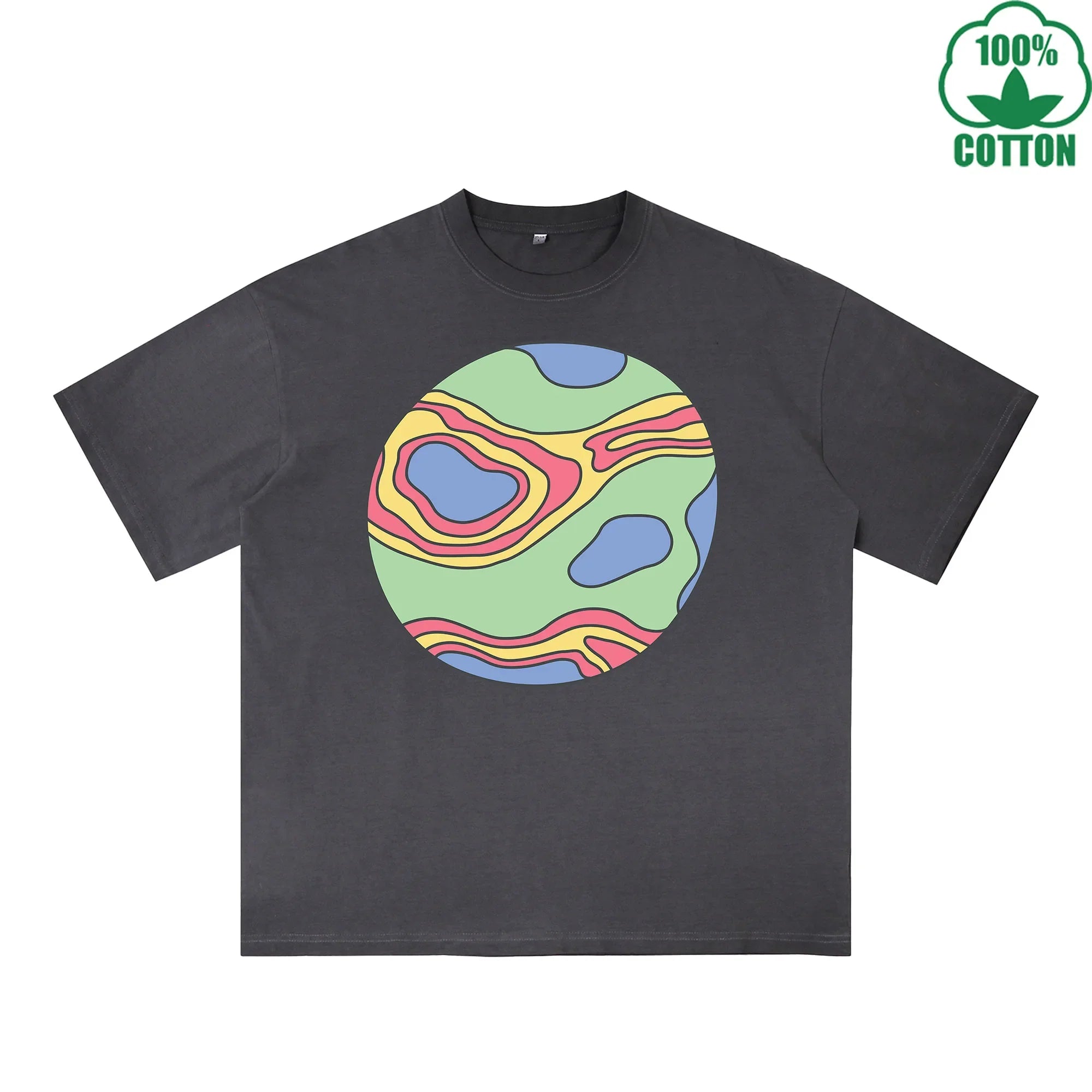 Mysterious Planet Printed Dirty WashT-Shirt 230G Multicolor Loose Trendy Fashionable 100%Cotton Short Sleeve Top