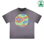 Mysterious Planet Printed Dirty WashT-Shirt 230G Multicolor Loose Trendy Fashionable 100%Cotton Short Sleeve Top