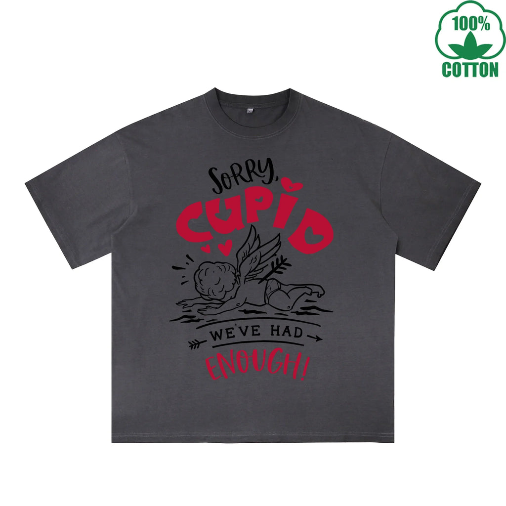 Sorry God of Love Printed Dirty Wash T-Shirt 230G Multicolor Loose Trendy Fashionable 100%Cotton Short Sleeve Top
