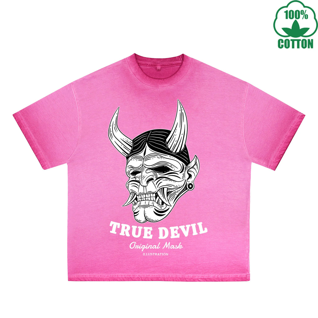 True Devil Printed Dirty WashT-Shirt 230G Multicolor Loose Trendy Fashionable 100%Cotton Short Sleeve Top