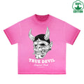 True Devil Printed Dirty WashT-Shirt 230G Multicolor Loose Trendy Fashionable 100%Cotton Short Sleeve Top