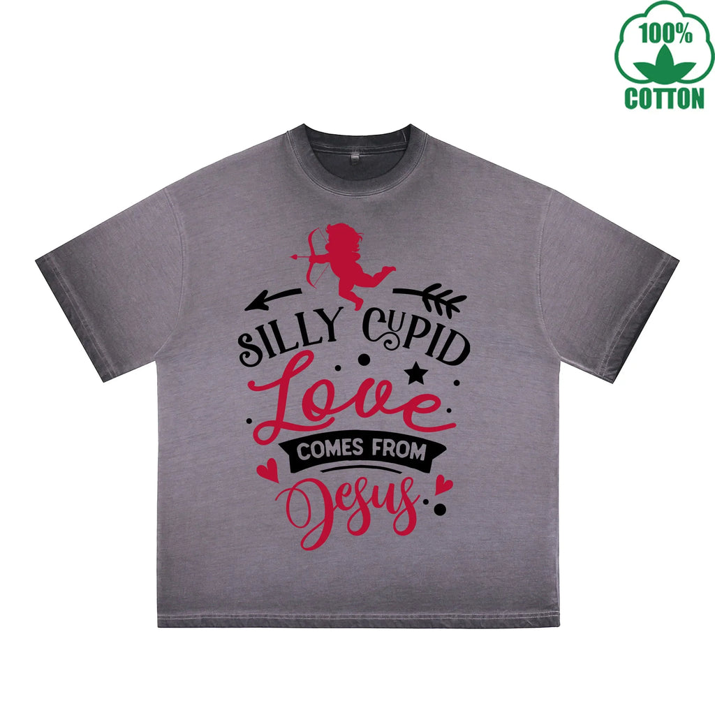Silly God of Love Printed Dirty Wash T-Shirt 230G Multicolor Loose Trendy Fashionable 100%Cotton Short Sleeve Top