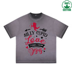 Silly God of Love Printed Dirty Wash T-Shirt 230G Multicolor Loose Trendy Fashionable 100%Cotton Short Sleeve Top