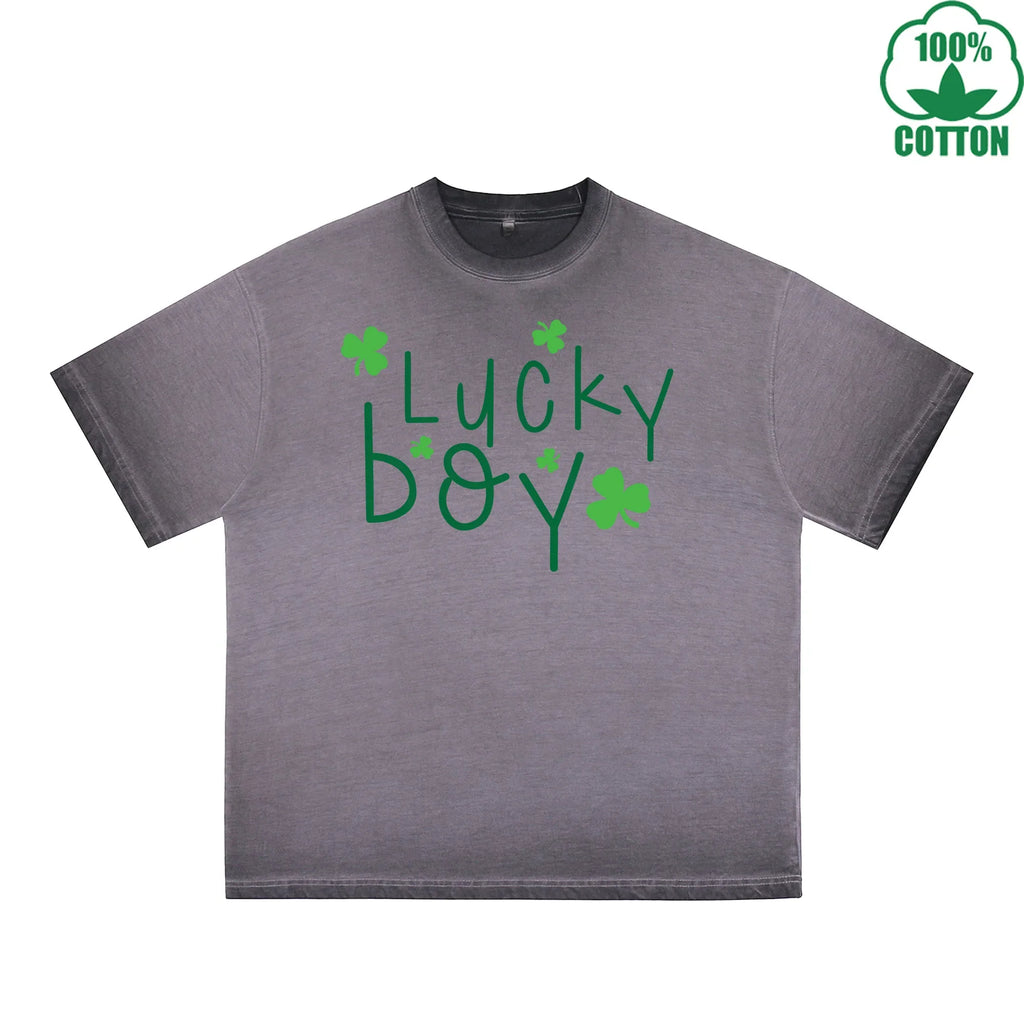 Fatey Boy Printed Dirty Wash T-Shirt 230G Multicolor Loose Trendy Fashionable 100%Cotton Short Sleeve Top