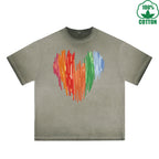 Colorful Heart Printed Dirty WashT-Shirt 230G Multicolor Loose Trendy Short Sleeves Fashionable 100%Cotton Top