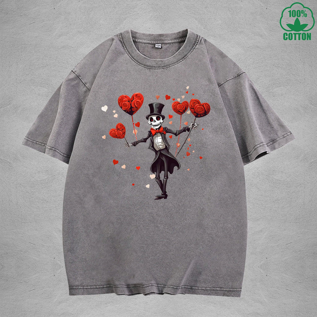 Romantic Skeleton Minimalist Printed Washed T-Shirt 230G Interesting Loose Trendy Fashionable Cotton Short Sleeve Top