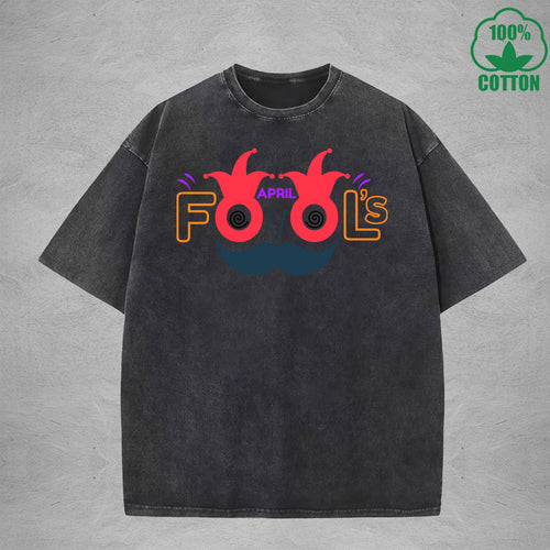 April Fool Days Interest Printed Washed T-Shirt 230G Multicolor Loose Trendy Fashionable 100%Cotton Short Sleeve Top