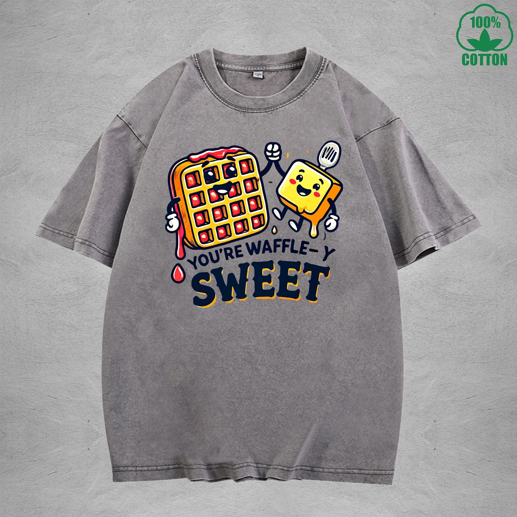 Waffle-Y SweetInterest Printed Washed T-Shirt 230G Loose Trendy Fashionable 100%Cotton Short Sleeve Top