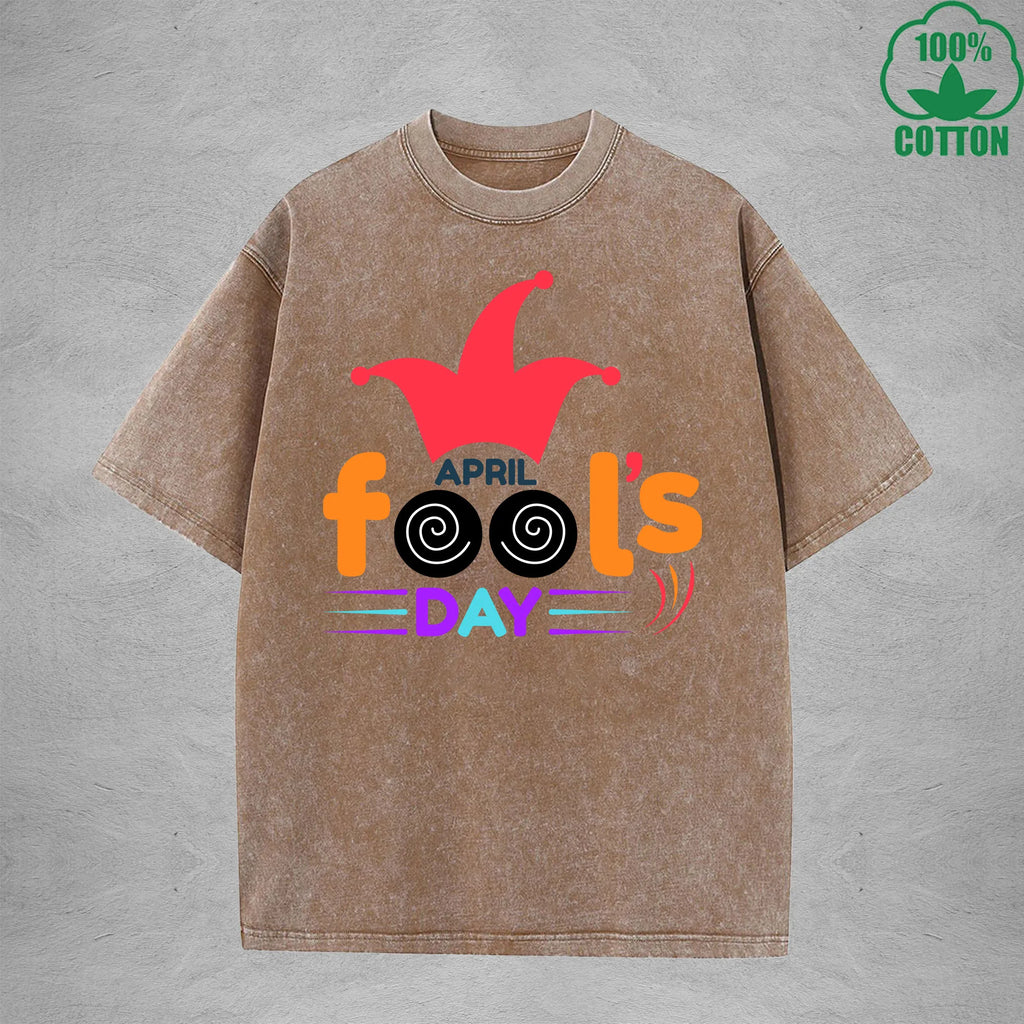 April Fool Days Interest Printed Washed T-Shirt 230G Multicolor Loose Trendy Fashionable 100%Cotton Short Sleeve Top