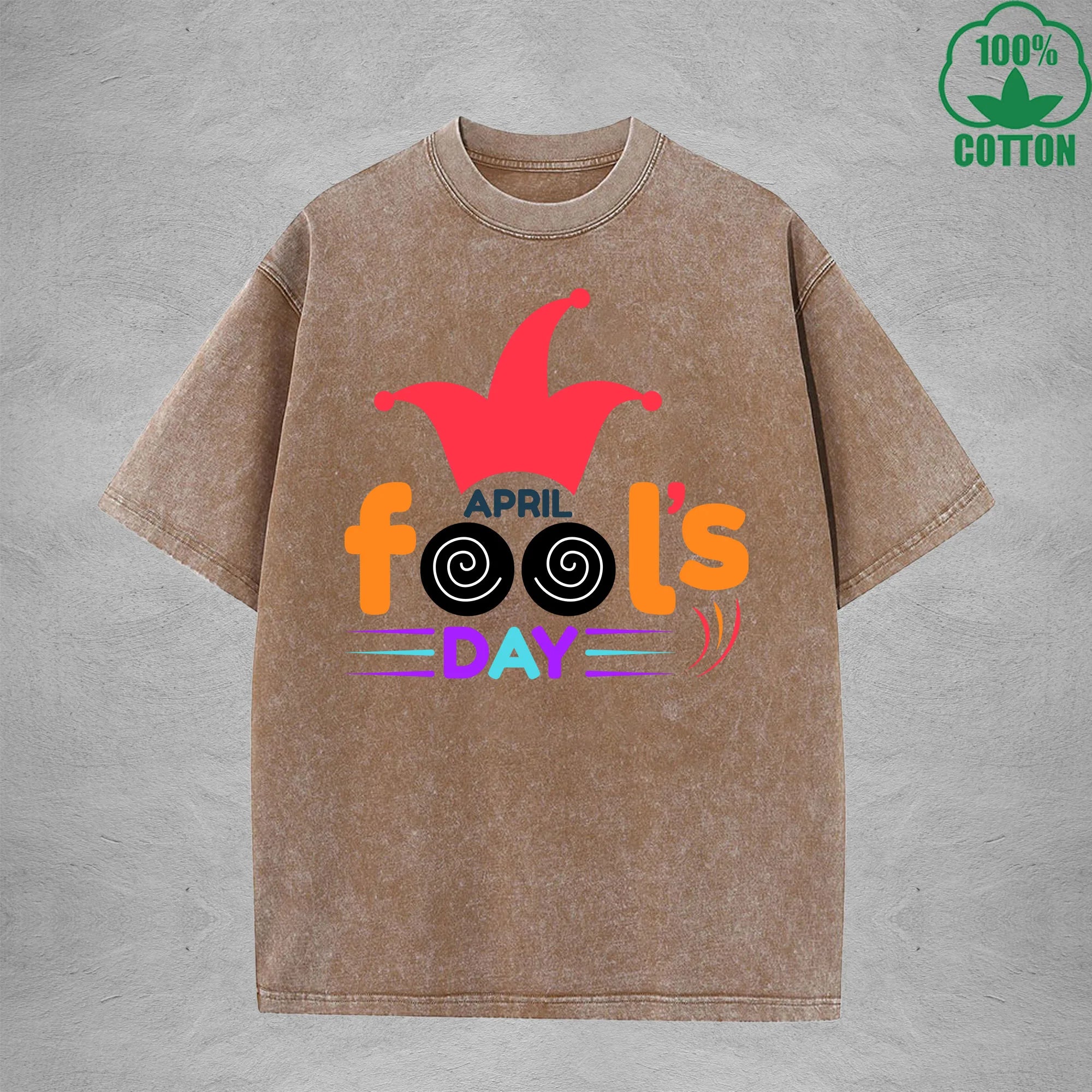 April Fool Days Interest Printed Washed T-Shirt 230G Multicolor Loose Trendy Fashionable 100%Cotton Short Sleeve Top