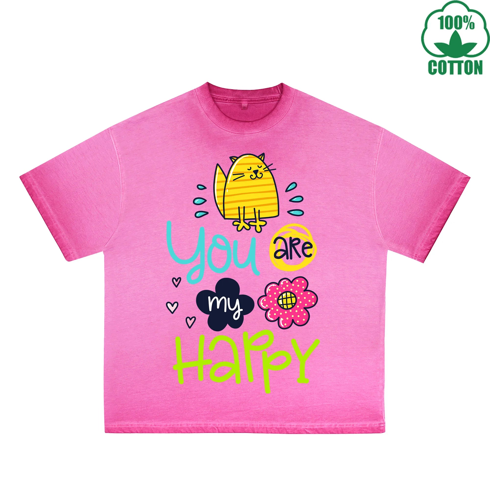 You Are My Happy Printed Dirty WashT-Shirt 230G Multicolor Loose Trendy Fashionable 100%Cotton Short Sleeve Top