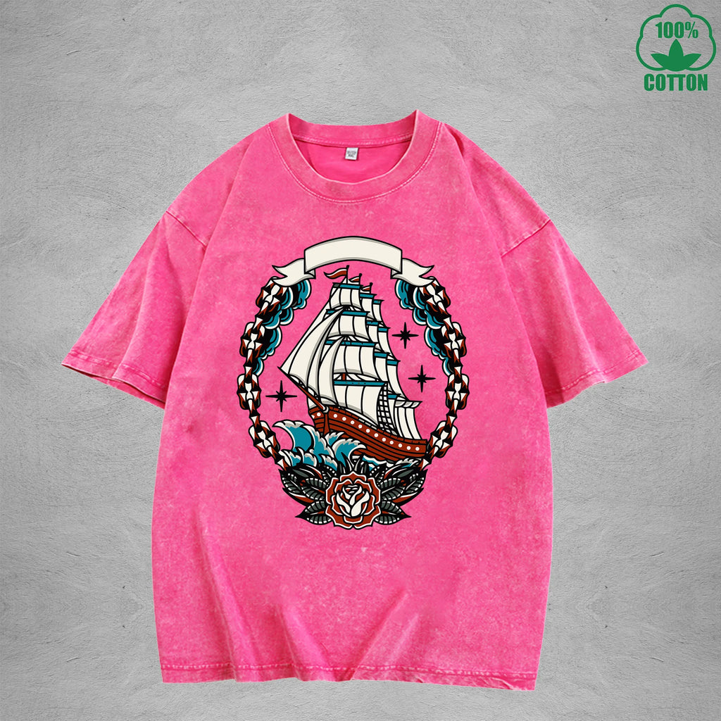 Naval AdventureInterest Printed Washed T-Shirt 230G Multicolor Loose Trendy Fashionable 100%Cotton Short Sleeve Top