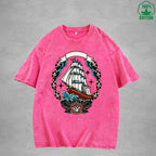 Naval AdventureInterest Printed Washed T-Shirt 230G Multicolor Loose Trendy Fashionable 100%Cotton Short Sleeve Top