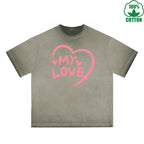 MY Love Printed Dirty WashT-Shirt 230G Multicolor Loose Trendy Short Sleeves Fashionable 100%Cotton Top