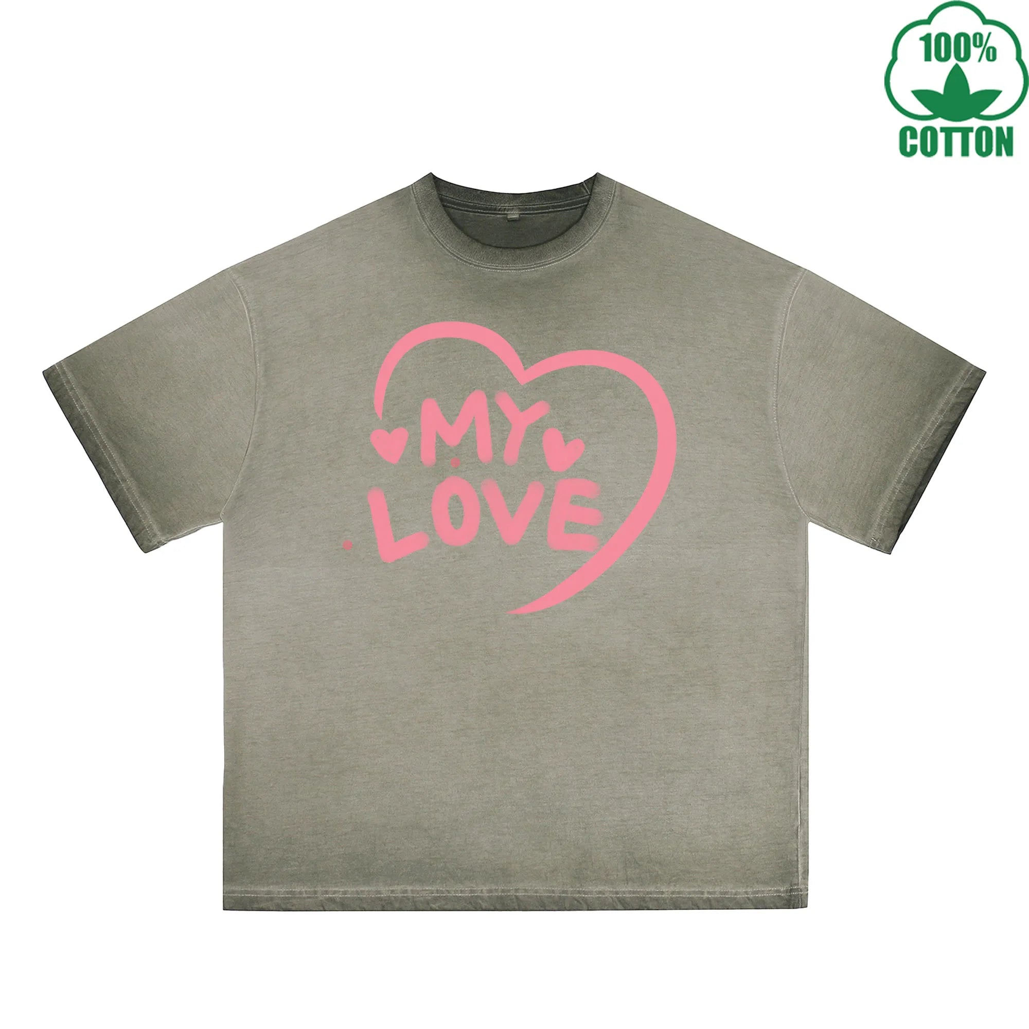 MY Love Printed Dirty WashT-Shirt 230G Multicolor Loose Trendy Short Sleeves Fashionable 100%Cotton Top