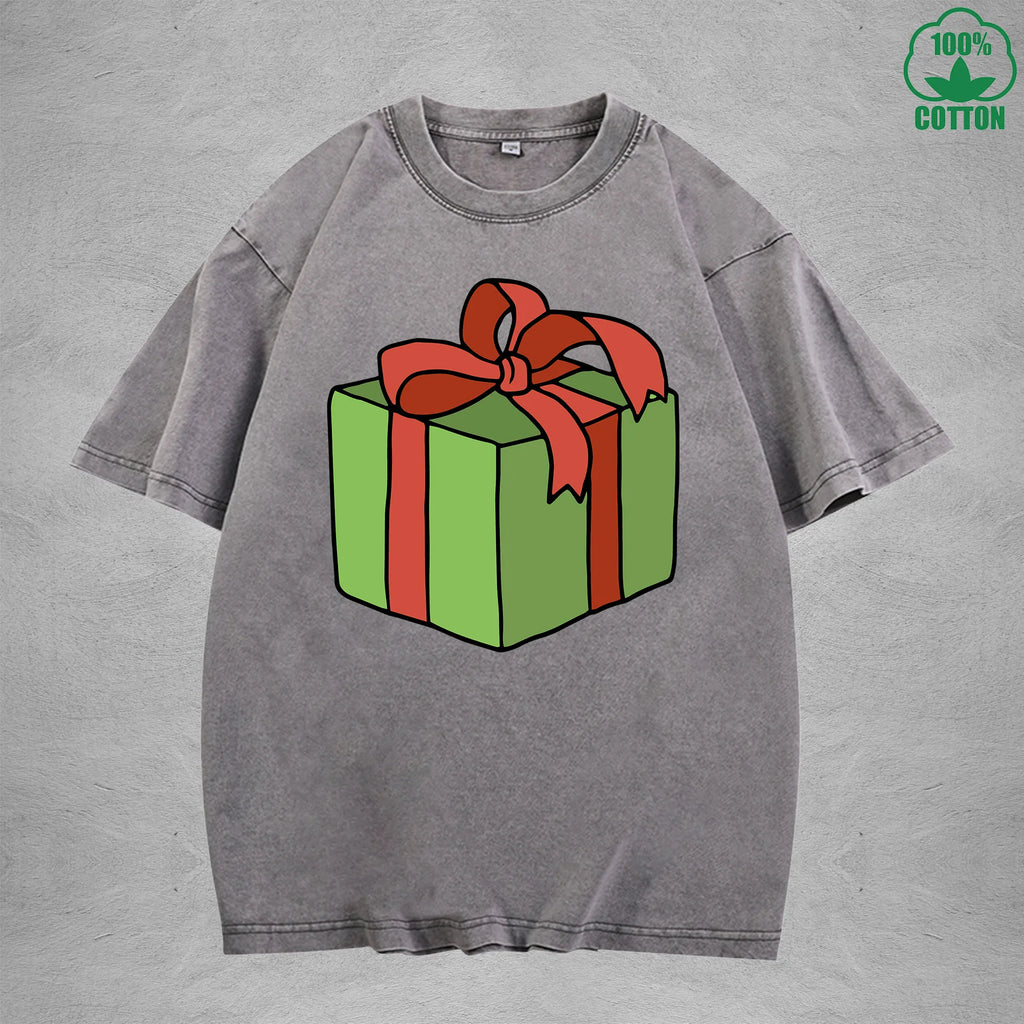 Christmas Present Interest Printed Washed T-Shirt 230G Multicolor Loose Trendy Fashionable 100%Cotton Short Sleeve Top