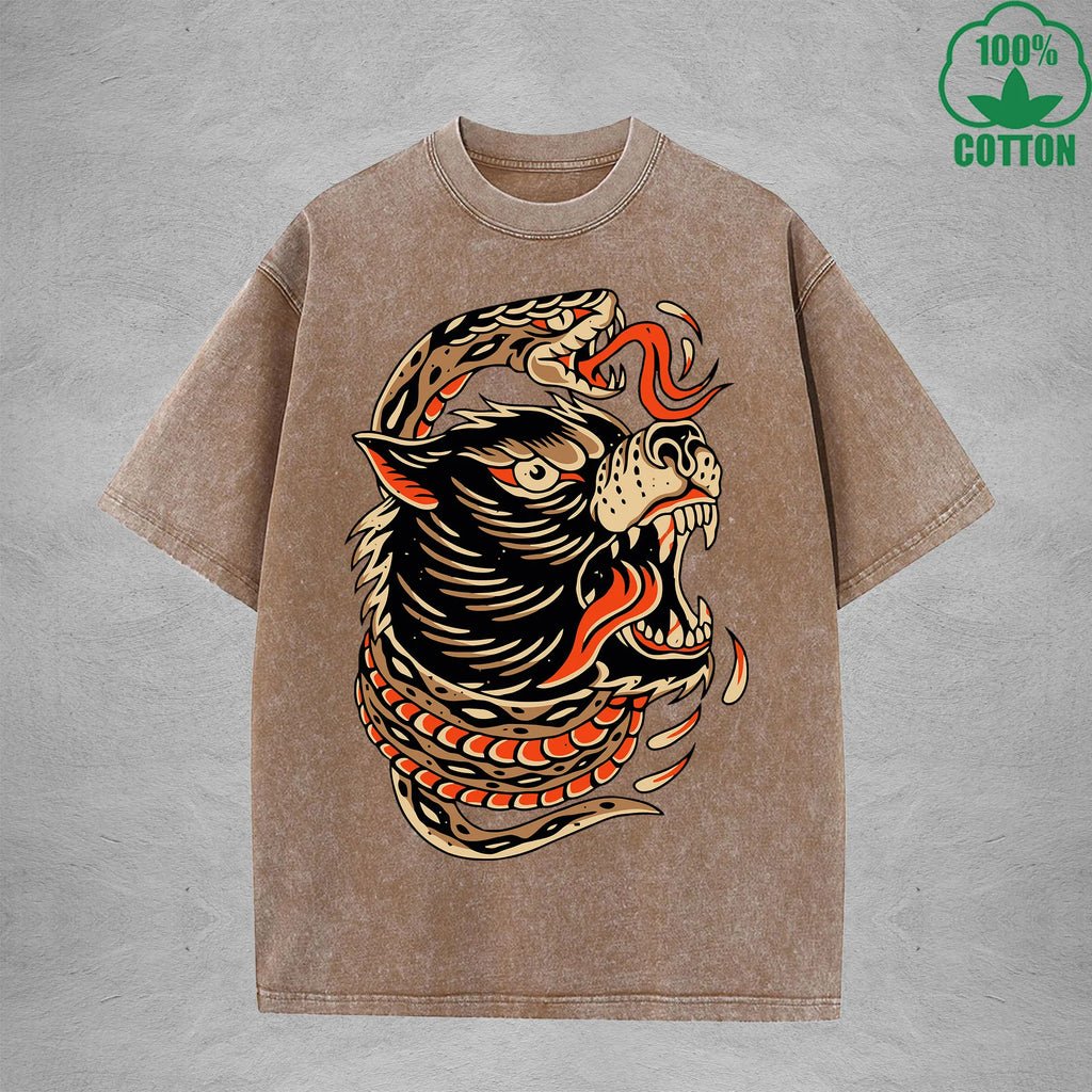 Deadly SnakeInterest Printed Washed T-Shirt 230G Multicolor Loose Trendy Fashionable 100%Cotton Short Sleeve Top