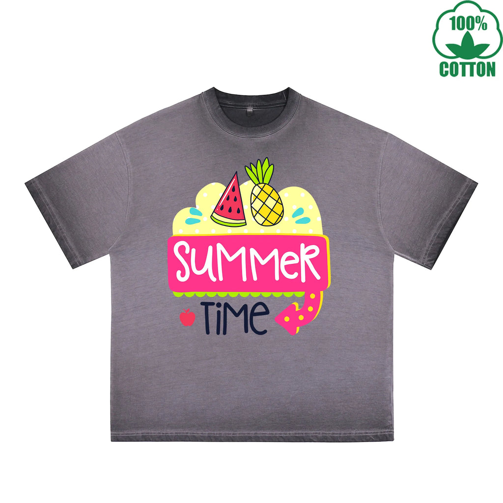 Summek Time Printed Dirty WashT-Shirt 230G Multicolor Loose Trendy Fashionable 100%Cotton Short Sleeve Top