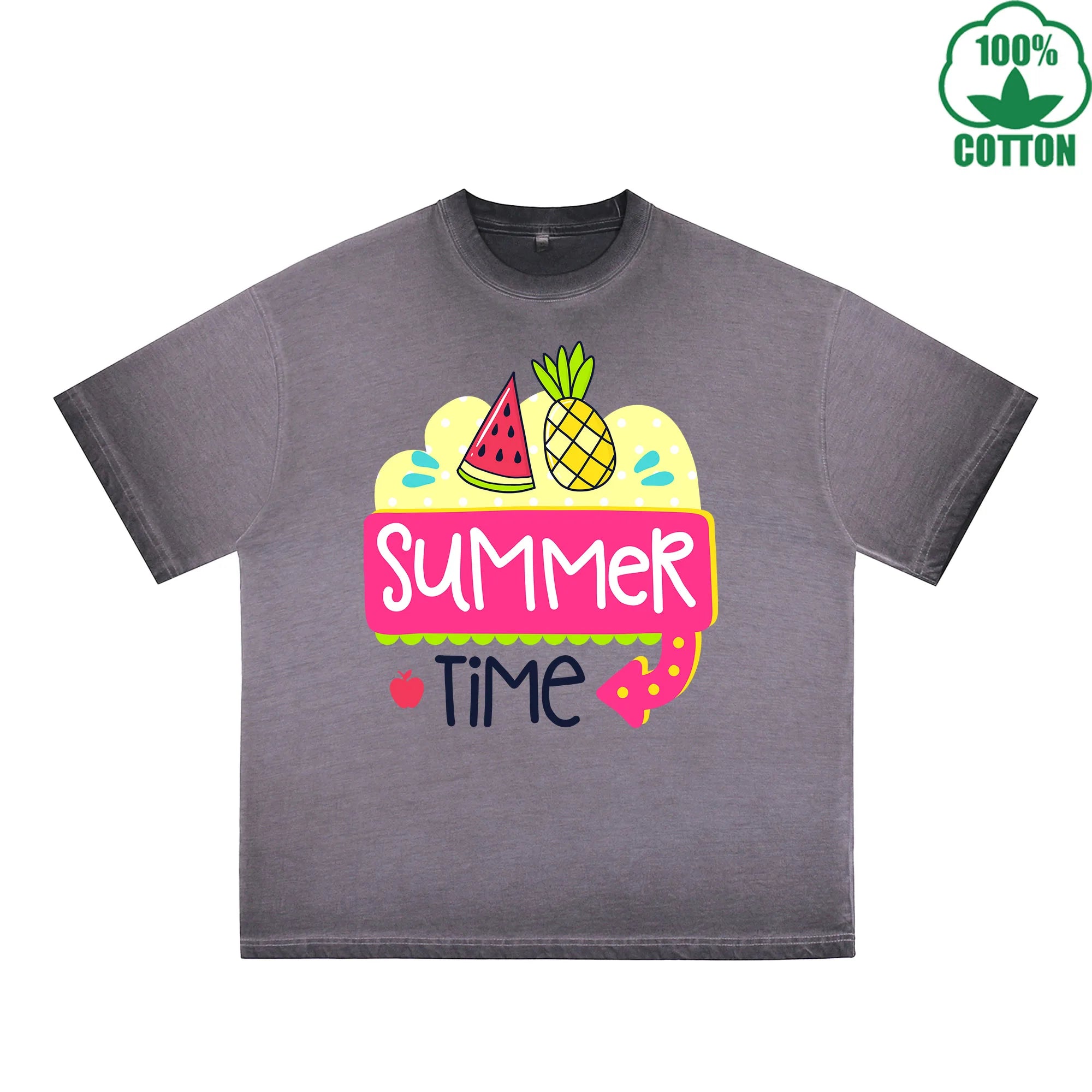 Summek Time Printed Dirty WashT-Shirt 230G Multicolor Loose Trendy Fashionable 100%Cotton Short Sleeve Top