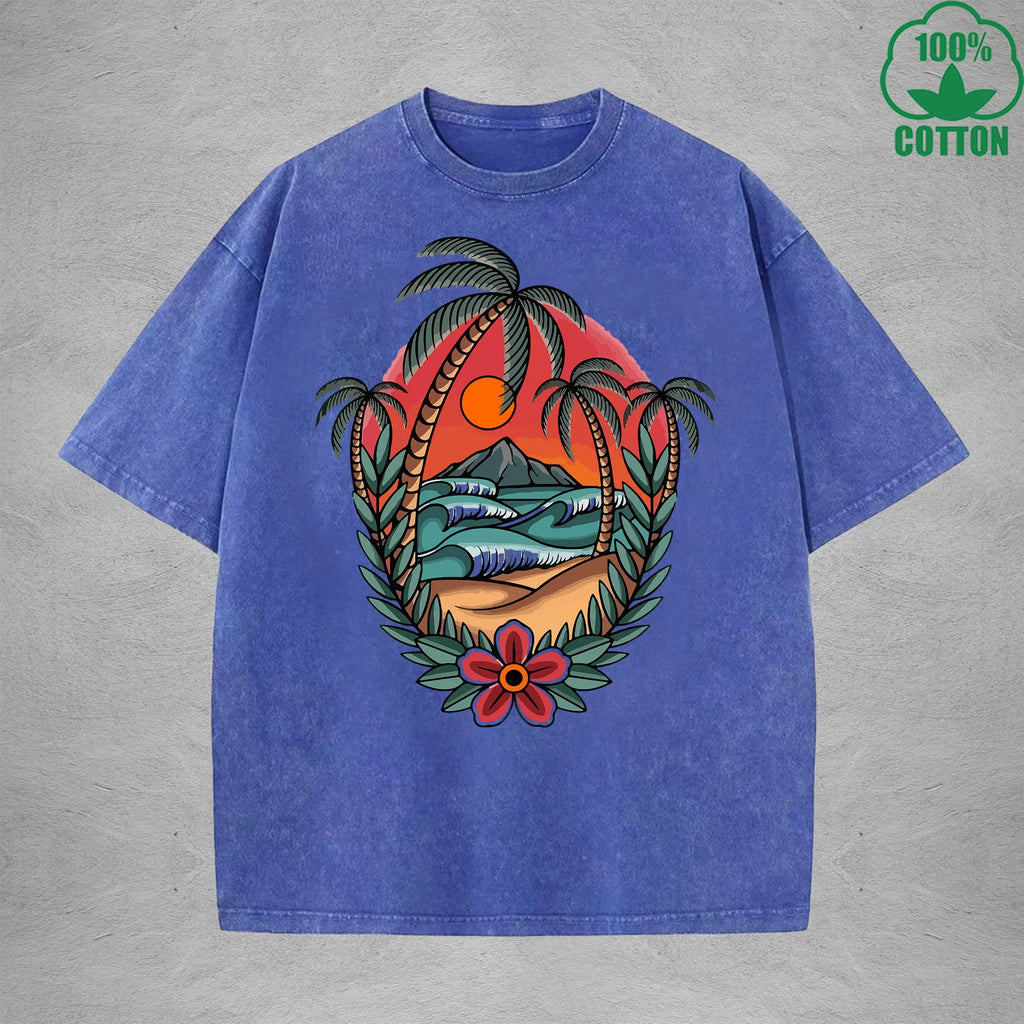 SunsetInterest Printed Washed T-Shirt 230G Multicolor Loose Trendy Fashionable 100%Cotton Short Sleeve Top