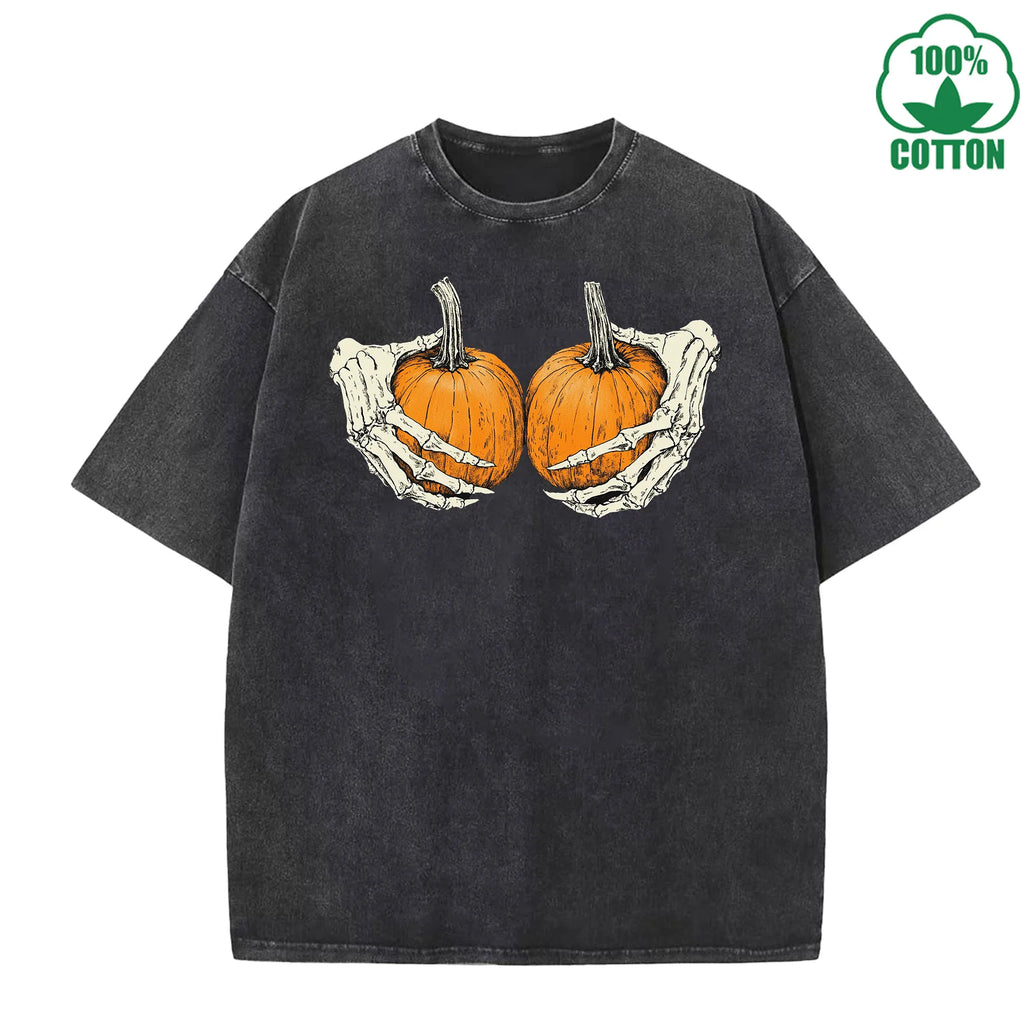 Holding a Pumpkin Fun And Quirky Printed Washed T-Shirt 230G Multicolor Loose Trendy Fashionable Cotton Short Sleeve Top