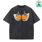 Holding a Pumpkin Fun And Quirky Printed Washed T-Shirt 230G Multicolor Loose Trendy Fashionable Cotton Short Sleeve Top