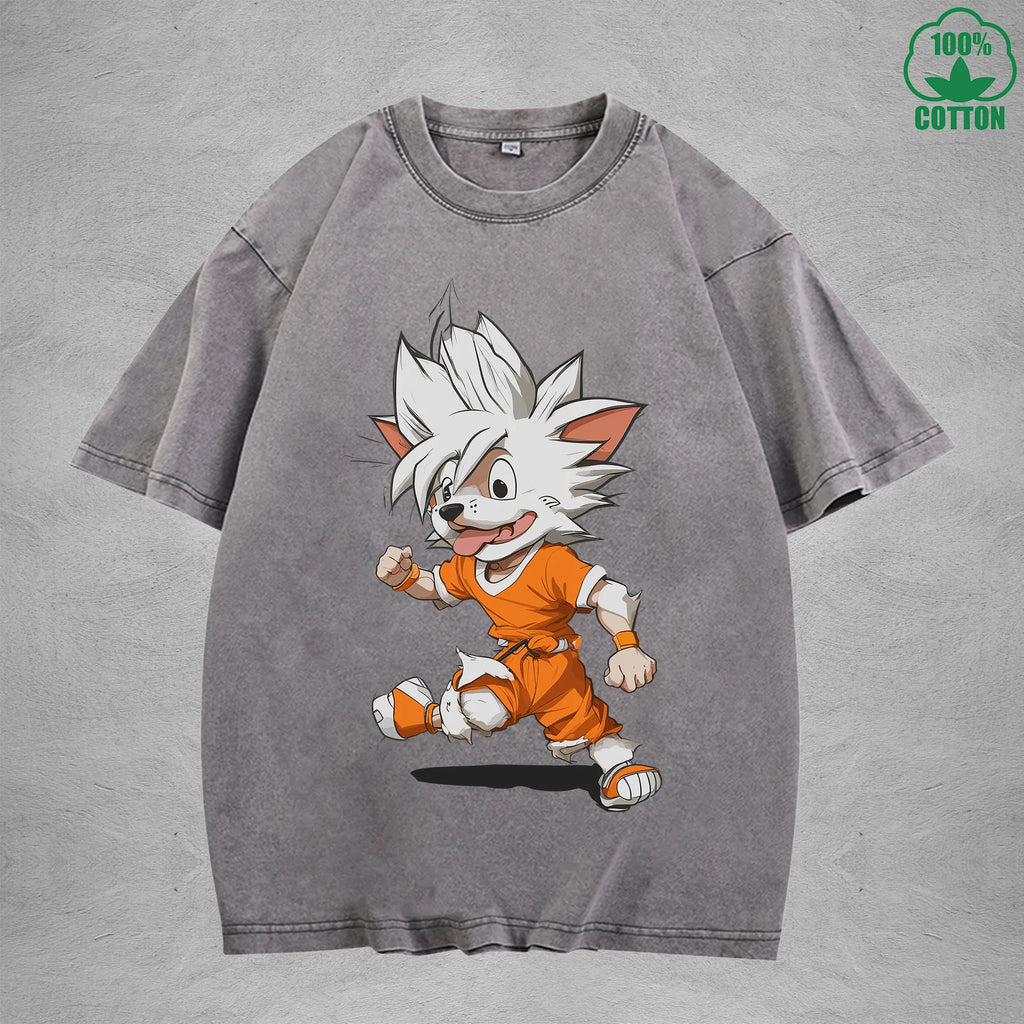 Dog GOKUInterest Printed Washed T-Shirt 230G Loose Trendy Fashionable 100%Cotton Short Sleeve Top
