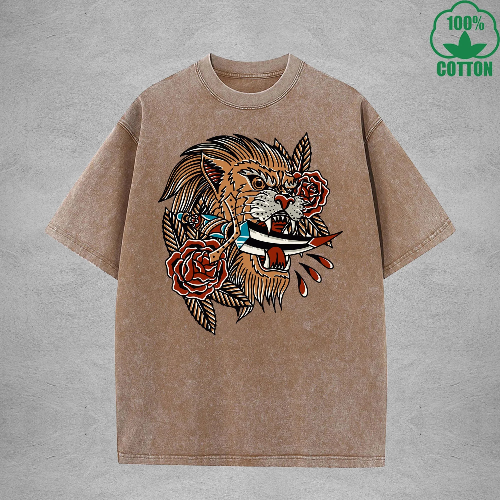 PredatorInterest Printed Washed T-Shirt 230G Multicolor Loose Trendy Fashionable 100%Cotton Short Sleeve Top