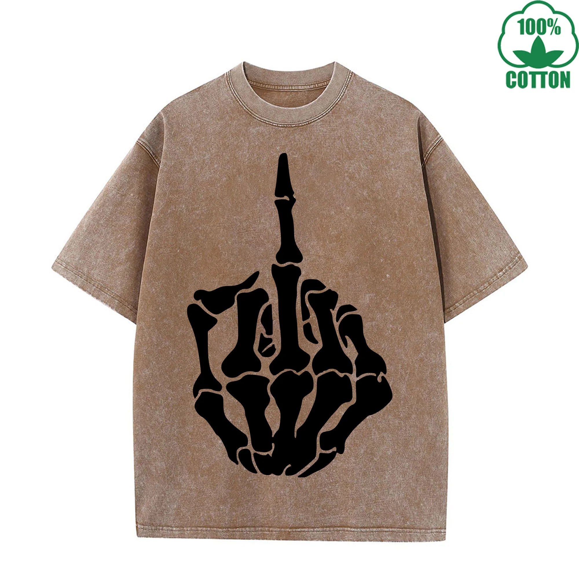 Respect Skeleton Finger Printed Washed T-Shirt 230G Multicolor Loose Trendy Fashionable Cotton Short Sleeve Top