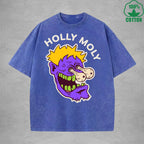 Holly MolyInterest Printed Washed T-Shirt 230G Loose Trendy Fashionable 100%Cotton Short Sleeve Top
