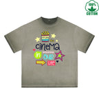 Cinema In Our Life Printed Dirty WashT-Shirt 230G Multicolor Loose Trendy Fashionable 100%Cotton Short Sleeve Top